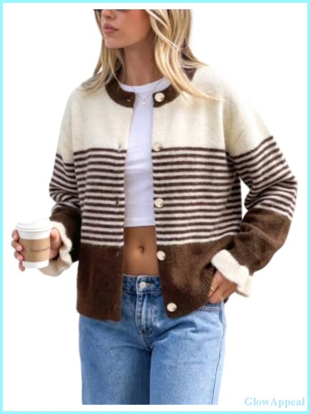 Women's Striped Puff Sleeve Knit Button Cardigan Sweater - Cropped
